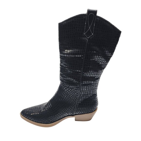 Black Croc-Embossed Mid-Calf Western Boots Size 6M Faux Leather Upper Block Heel - Picture 9 of 10
